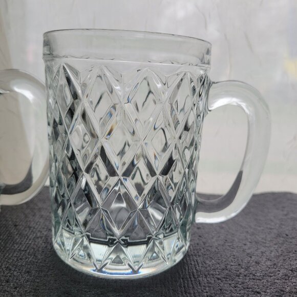 Sebastian Set Of 2 Diamond-Cut Glass Mugs With Handles Clear Vintage Style 4.5" - Picture 4 of 7